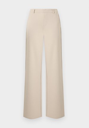 Pantalon beige à jambes larges avec passants de ceinture et poches avant, confectionné avec une taille haute et un design épuré et minimaliste.