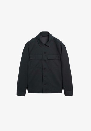 Black button-up shirt, made of smooth fabric, featuring a pointed collar, two front pockets, and long sleeves with buttoned cuffs.