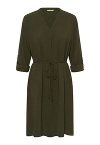 Olivno zelena obleka z V-izrezom, nabranim pasom in zavihani rokavi. Iz mehke, teksturirane tkanine z zavezovalnim pasom za prileganje.