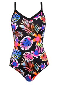 Wielokolorowy jednoczęściowy strój kąpielowy z czarnym tłem i jaskrawymi wzorami tropikalnych liści i kwiatów; regulowane ramiączka spaghetti.
