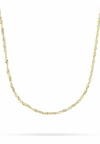 Collana in oro con un design attorcigliato, caratterizzata da anelli arrotondati. La superficie ha una finitura lucida che riflette la luce. La lunghezza è uniforme su tutta la collana.