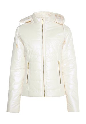 White quilted puffer jacket with hood, front zipper, and two vertical zippered pockets with gold-tone zipper pulls.