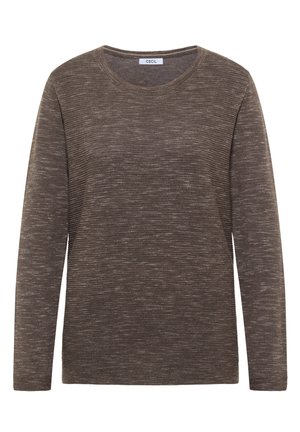 Ruskea pitkähihainen neulepaita, jossa on pyöreä pääntie. Ominaisuuksina teksturoitu ribbipinta, pehmeä materiaali ja rento istuvuus. Brändilogo: CECIL.
