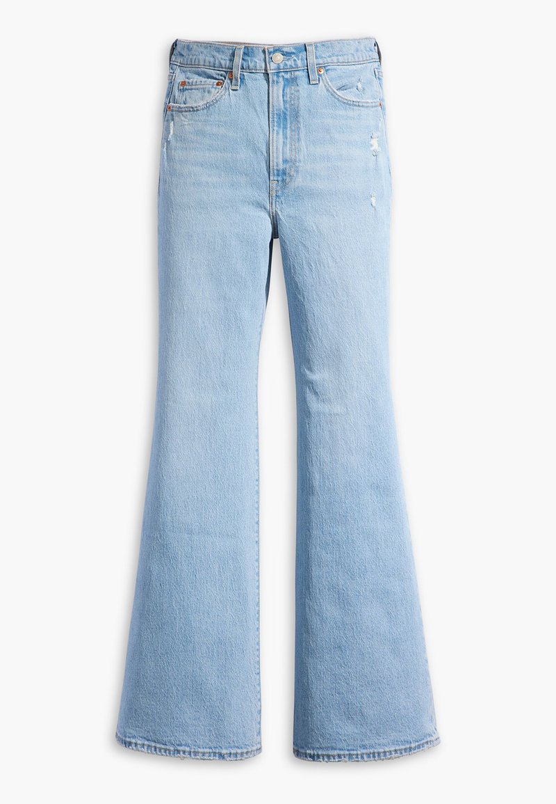 Helle blaue Schlagjeans aus Denim, mit hoher Taille, dezenten Verwaschungen, distressed Details und klassischem Fünf-Taschen-Design.