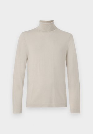 Bež pulover s turtleneck ovratnikom, izdelan iz mehkega, lahkega materiala. Ima dolge rokave in prilegajoč silhueto. Gladka tekstura, minimalističen dizajn.