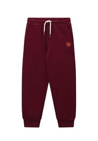Burgunderfarbene Sweatpants aus weichem Stoff, ausgestattet mit einem verstellbaren Kordelzug, gerippten Bündchen und einem kleinen runden Logo auf dem linken Oberschenkel.