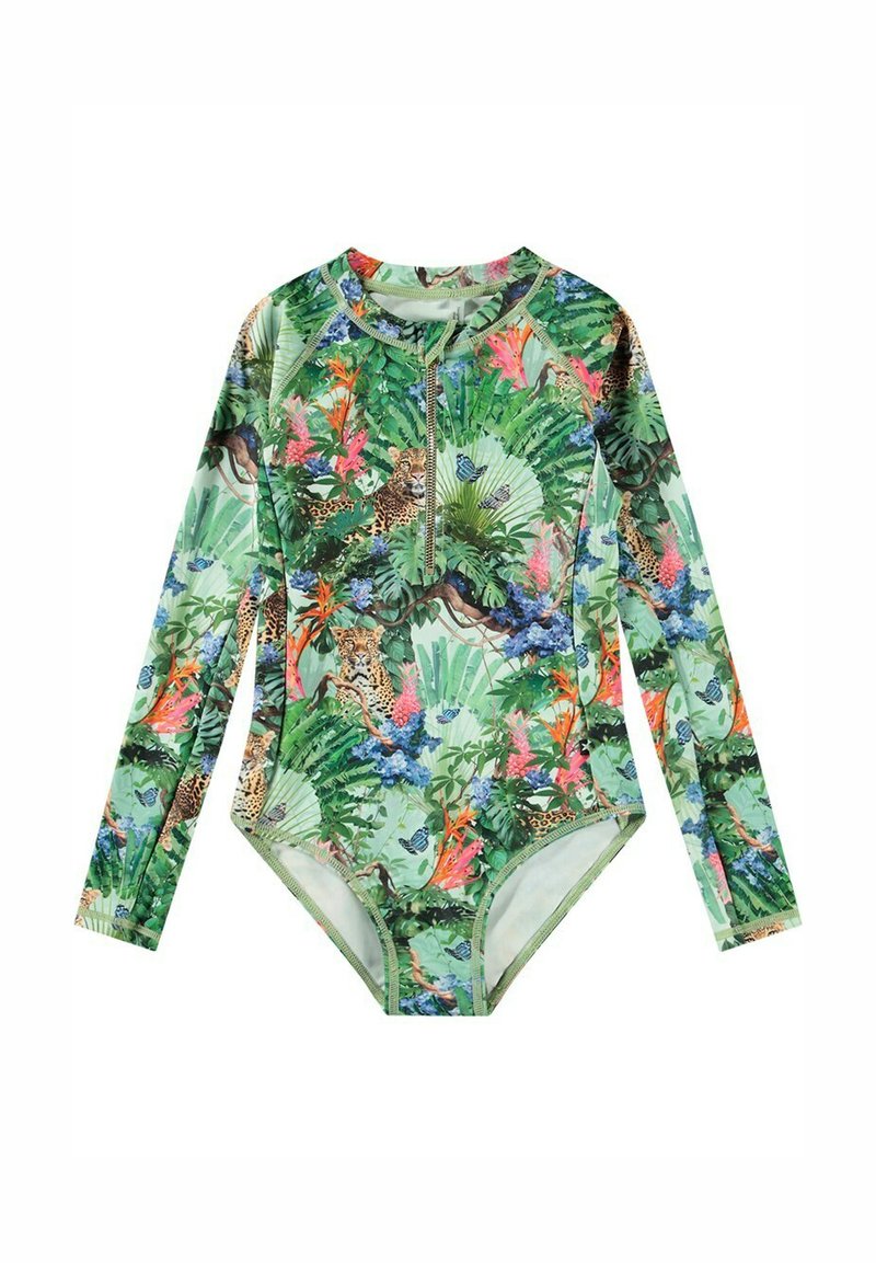 Baddräkt med lång ärm i grön tropisk mönstring med blad, blommor och djurmönster; inkluderar en dragkedja fram.