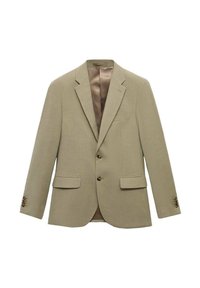 Beige linnen blazer met twee frontzakken, gesneden revers en drie bruine knopen. Gladde satijnen voering is zichtbaar aan de binnenkant.