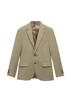 Blazer in lino color beige con due tasche anteriori, rever a punta e tre bottoni marroni. Fodera in satin liscia visibile all'interno.