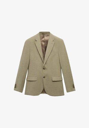 Beżowa lniana marynarka z dwoma przednimi kieszeniami, klapami i trzema brązowymi guzikami. Gładka satynowa podszewka jest widoczna wewnątrz.