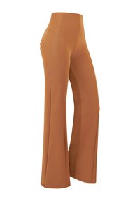 Pantaloni a vita alta e gamba larga di un caldo colore marrone, realizzati in tessuto morbido e elastico con cuciture laterali sottili e una tasca.