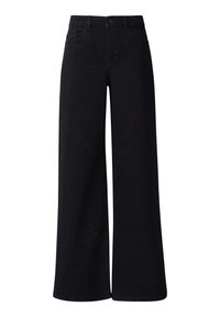 Czarne dżinsowe spodnie o szerokich nogawkach z matową fakturą, wyposażone w pięć kieszeni oraz zapięcie na guzik. Delikatny wzór kropek na całej powierzchni.