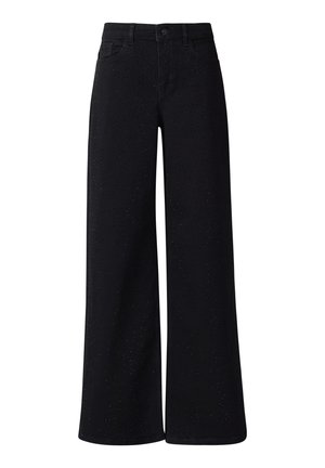 Schwarze Denim-Hose mit weitem Bein und matter Textur, ausgestattet mit fünf Taschen und einem Knopfverschluss. Dezentes gepunktetes Muster überall.