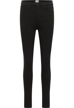 Zwarte skinny jeans gemaakt van een rekbare denimstof, met een klassiek vijf-pocket ontwerp en een rits met knoopsluiting.
