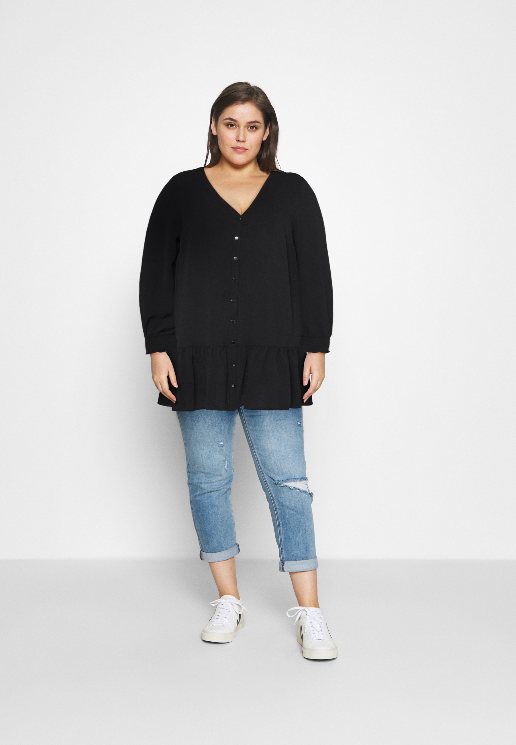 Women BLACK SHEERED CUFF BUTTON - Blouse Women BLACK SHEERED CUFF BUTTON - Blouse