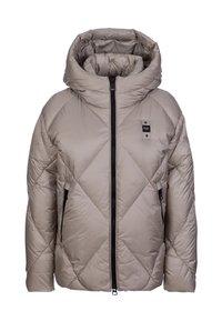 Giacca leggera beige imbottita con cappuccio, caratterizzata da un motivo a rombi e una cerniera nera. Include due tasche laterali e un'etichetta con logo.