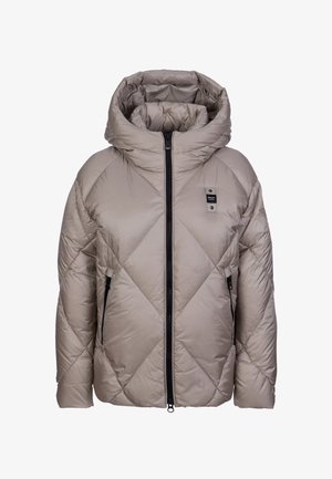 Lehká béžová prošívaná bunda s kapucí, vybavená diamantovým prošíváním a černým zipem. Obsahuje dvě boční kapsy a našitou nášivku.