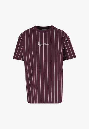 Burgundy short-sleeve t-shirt made of cotton with white vertical stripes and a small white logo on the chest. Square fit.