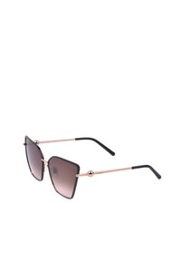 Lunettes de soleil à monture carrée noire et dorée avec verres marron dégradés et branches métalliques fines se terminant par des embouts noirs sur fond blanc.