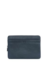 Skórzana osłona na laptopa w ciemnogranatowym kolorze, gładka tekstura, zamek błyskawiczny, przednia kieszeń i wytłoczone logo na dole. Prostokątny kształt.