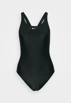 Juodas vienas kūno maudymosi kostiumėlis su lygiu paviršiumi, turintis lenktą nugaros dizainą ir mažą baltą Nike logotipą krūtinėje.