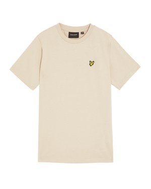Beige bomull T-skjorte med korte ermer, rund hals, med en liten gul sommerfugllogo på venstre bryst. Glatt tekstur.