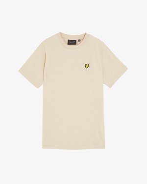 Beige katoenen T-shirt met korte mouwen, ronde halslijn, voorzien van een klein geel vlinderlogo op de linkerborst. Gladde textuur.