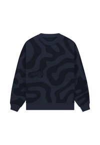 Laivastonsininen neule, jossa on aaltoileva kuvio tummemmissa sävyissä. Valmistettu pehmeästä materiaalista, jossa on pyöreä pääntie sekä resorit hihansuissa ja helmassa.