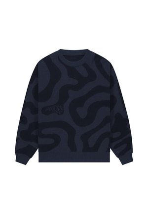 Marineblauer Pullover mit einem wellenförmigen Muster in dunkleren Farbtönen. Hergestellt aus weichem Material mit Rundhalsausschnitt sowie gerippten Bündchen und Saum.