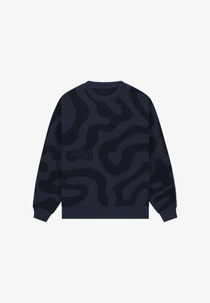 Marineblauer Pullover mit einem wellenförmigen Muster in dunkleren Farbtönen. Hergestellt aus weichem Material mit Rundhalsausschnitt sowie gerippten Bündchen und Saum.