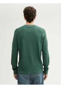 Maglione verde lavorato a maglia con colletto rotondo, maniche lunghe e polsini e orlo a coste. Tessuto testurizzato di colore uniforme.