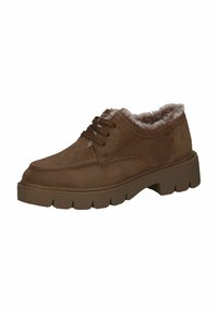 Scarpe in suede marrone con lacci, caratterizzate da una superficie testurizzata e fodera in pelliccia sintetica, dotate di una suola spessa e chunky e dettagli cuciti.