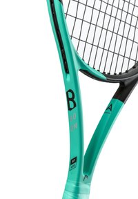 Tennis racket with a mint green frame, black accents, and a textured grip. Features a large headsize and black, crisscross strings.