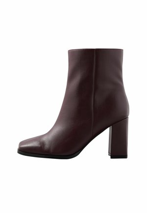 Dark brown leather ankle boot with square toe and block high heel, side view on a white background.