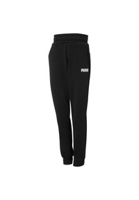 Black sweatpants with an elastic waistband and cuffs, featuring a white Puma logo on the left side. Soft fabric with a relaxed fit.