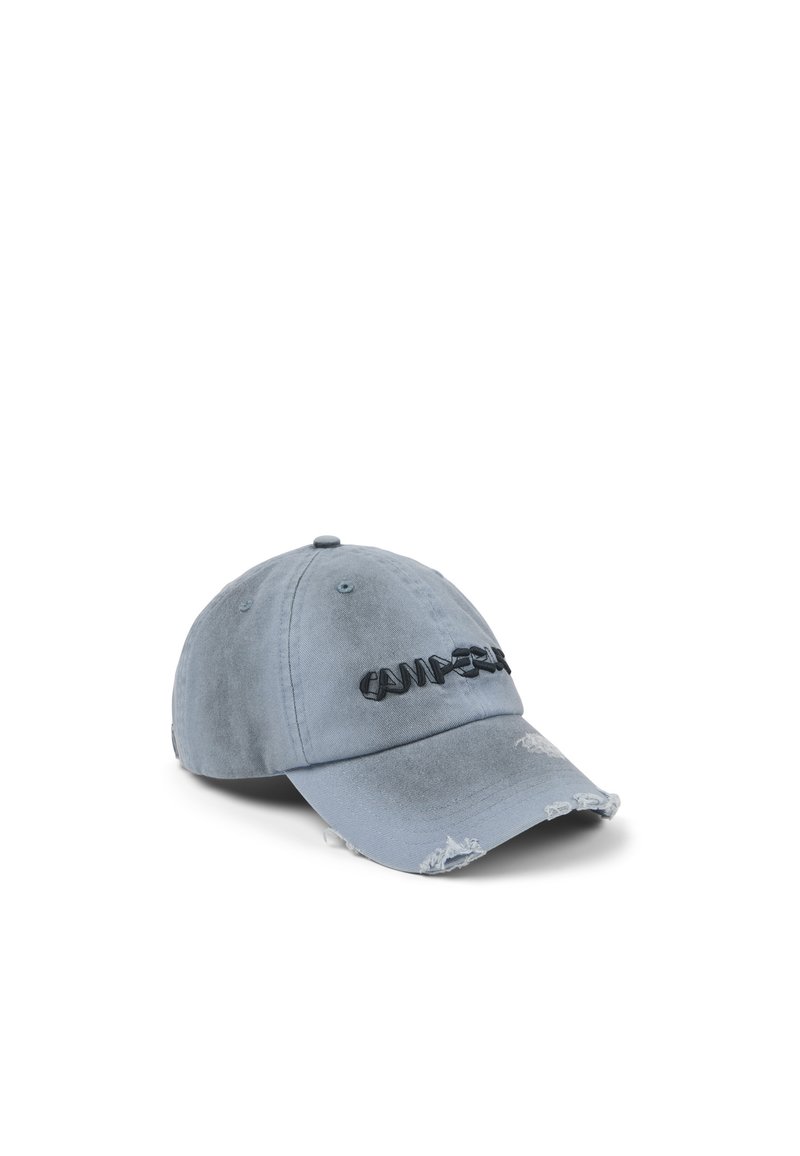 Gray baseball cap in soft fabric; features distressed detailing and black logo embroidery on the front. Curved brim and adjustable strap.