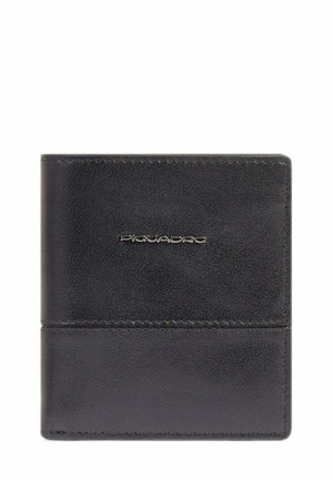 Black leather bifold wallet with visible stitching and silver Piquadro logo centered on the front.