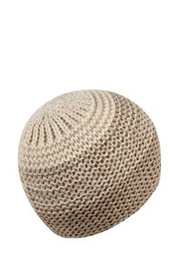Knit beanie in beige and light brown hues, featuring a textured pattern and rounded shape, suitable for casual wear in cooler weather.