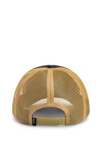 Casquette snapback en maille avec un avant noir et un dos en maille beige. Équipée d'une fermeture à clip en plastique et d'une étiquette logo sur le côté.