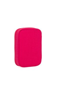 Fuchsia polyester zippered väska med rektangulär form, som har en slät yta och rundade hörn; inga synliga logotyper eller mönster.
