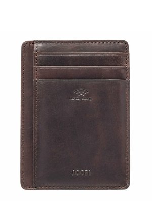 Porte-cartes en cuir brun foncé sécurisé RFID avec plusieurs emplacements pour cartes et nom de marque embossé "JOOP!" à l'avant.