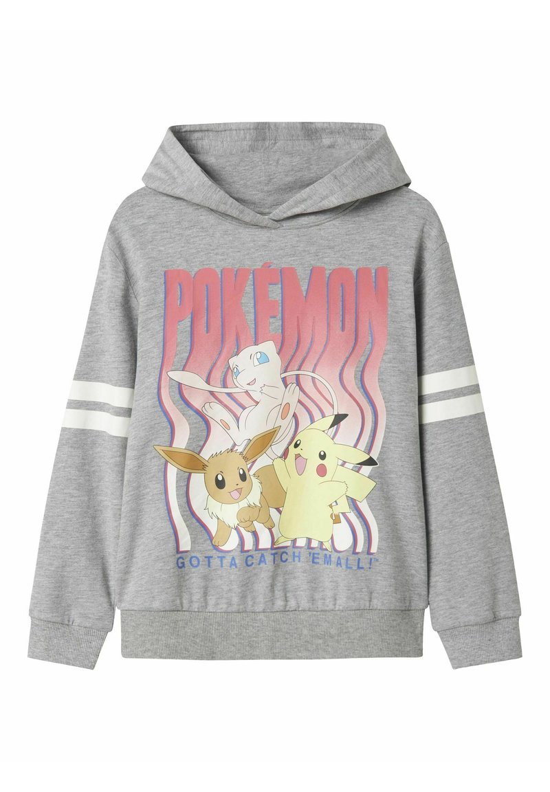Sudadera gris con un estampado gráfico de personajes de Pokémon, incluyendo a Pikachu y Eevee, con rayas blancas en las mangas.