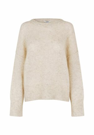 Bézs színű kötött pulóver kerek nyakkal, ejtett vállvarrással és bordázott mandzsettákkal. Puha textúra, enyhén laza szabású.