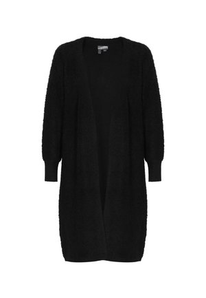 Cardigan nero oversize con texture morbida e soffice, apertura frontale e maniche lunghe. Presenta polsini a costine e arriva fino a metà coscia.