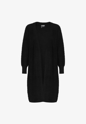 Musta ylisuuri villatakki, jossa on pehmeä ja pörröinen pinta, avomallinen etuosa ja pitkät hihat. Varustettu ribbineulehihansuilla ja ulottuu puoleen reiteen.