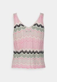 Pletený top bez rukávů s výstřihem do V, vzorem šípy v růžové, černé a zelené barvě, s texturovaným, mírně třpytivým povrchem.