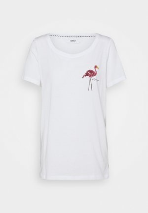 Valkoinen lyhythihainen t-paita, jossa on vaaleanpunainen paljettinen flamingo-kuvio ja sana "flamingo" vasemmalla ylärinnassa.