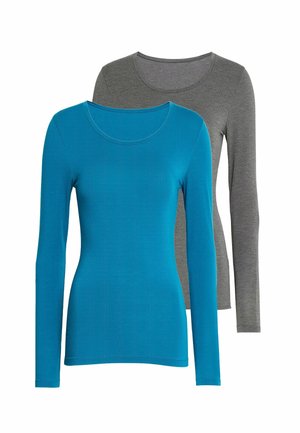 Lange mouw t-shirts in turquoise en grijs. De turquoise heeft een gladde afwerking, terwijl het grijs een subtiele textuur heeft.