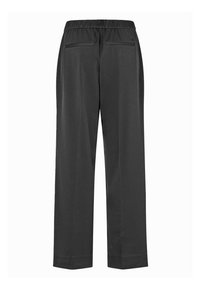 Czarne, szerokie spodnie z elastycznym pasem, dwoma tylnymi kieszeniami, gładką teksturą i dopasowanym, prostym krojem.