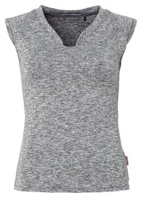 Top gris sin mangas con diseño de escote en V, tejido texturizado con un patrón jaspeado y costuras en contraste en los hombros.
